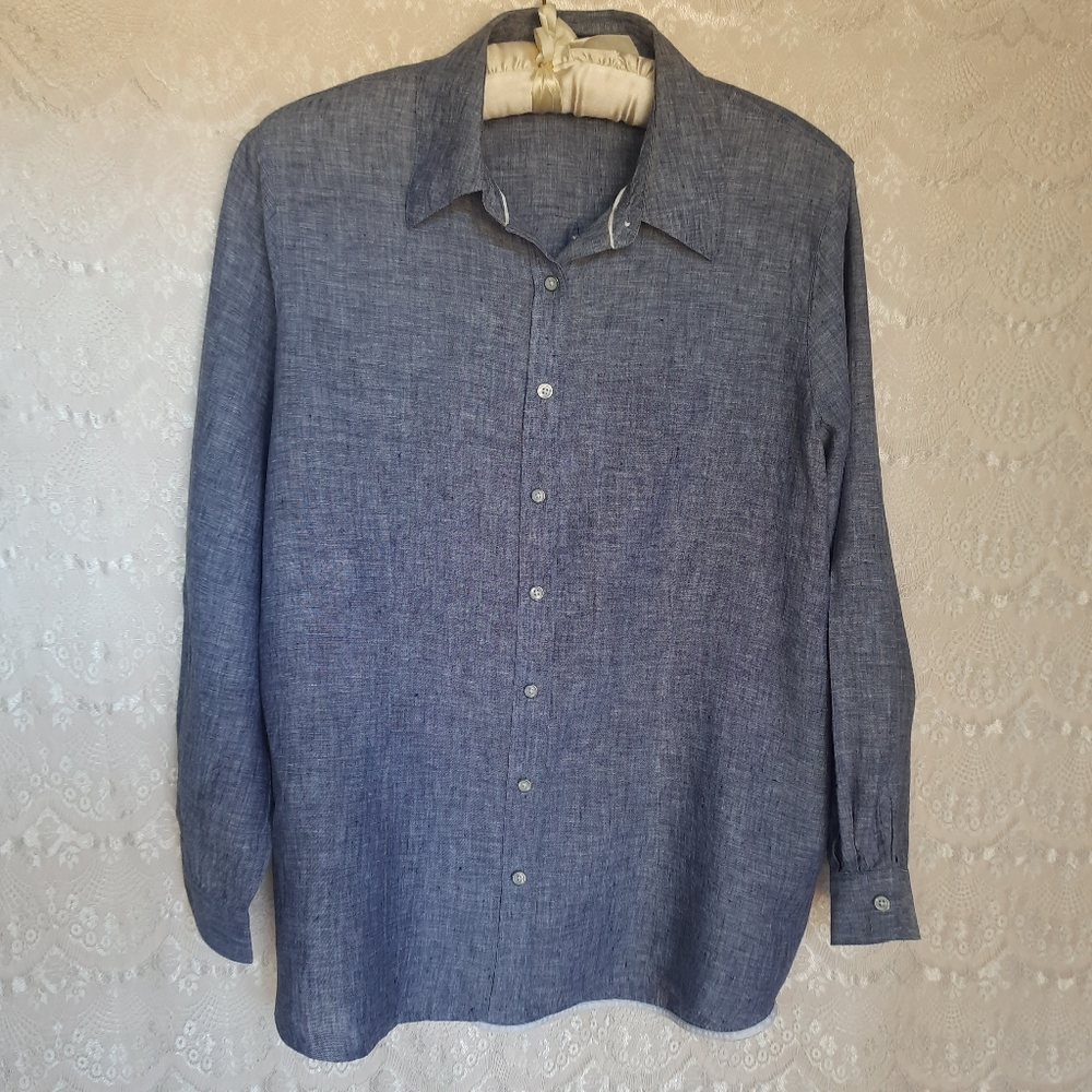 Foxcroft Womens Shaped Fit 100%  Linen Shirt Chambray Plus 18W Button Up